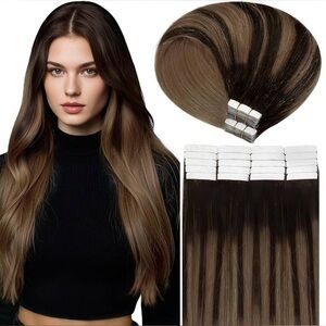 Dark Brown Chestnut Brown Balayage Human Hair 22” Tape In Hair Extensions
